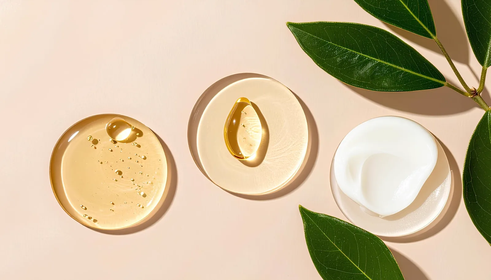 Close-up of organic skincare oils and cream textures with botanical leaves