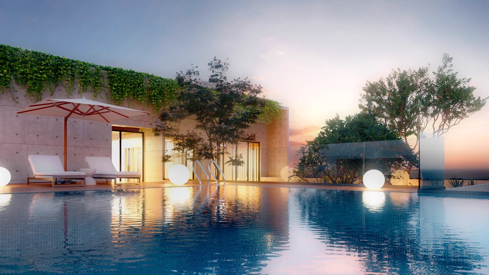 Retreat villa pool at sunset